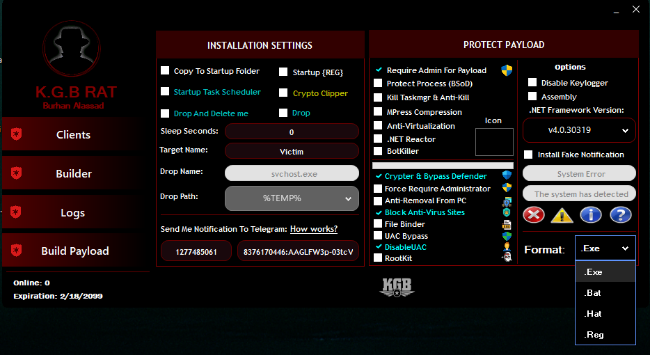 KGB Configuration & Settings Panel - Customizable Remote Administration Tool Setup